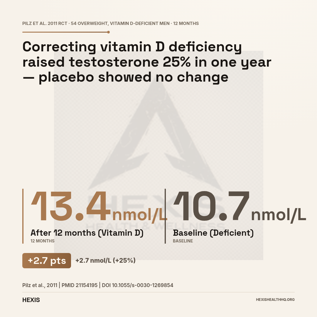 Gap chart showing testosterone rising from 10.7 to 13.4 nmol/L with vitamin D supplementation in deficient men — a how to increase testosterone naturally intervention