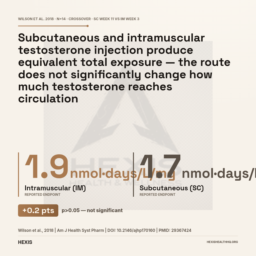 Gap hero chart showing dose-normalized testosterone AUC for subcutaneous versus intramuscular injection — 1.7 versus 1.9 nmol·days/L/mg — confirming route equivalence in the testosterone cypionate vs enanthate decision