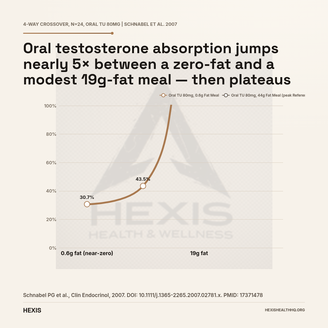 Slope chart showing oral testosterone undecanoate absorption AUC by dietary fat content across four fat levels from near-zero to 44g demonstrating the fat threshold effect for testosterone delivery