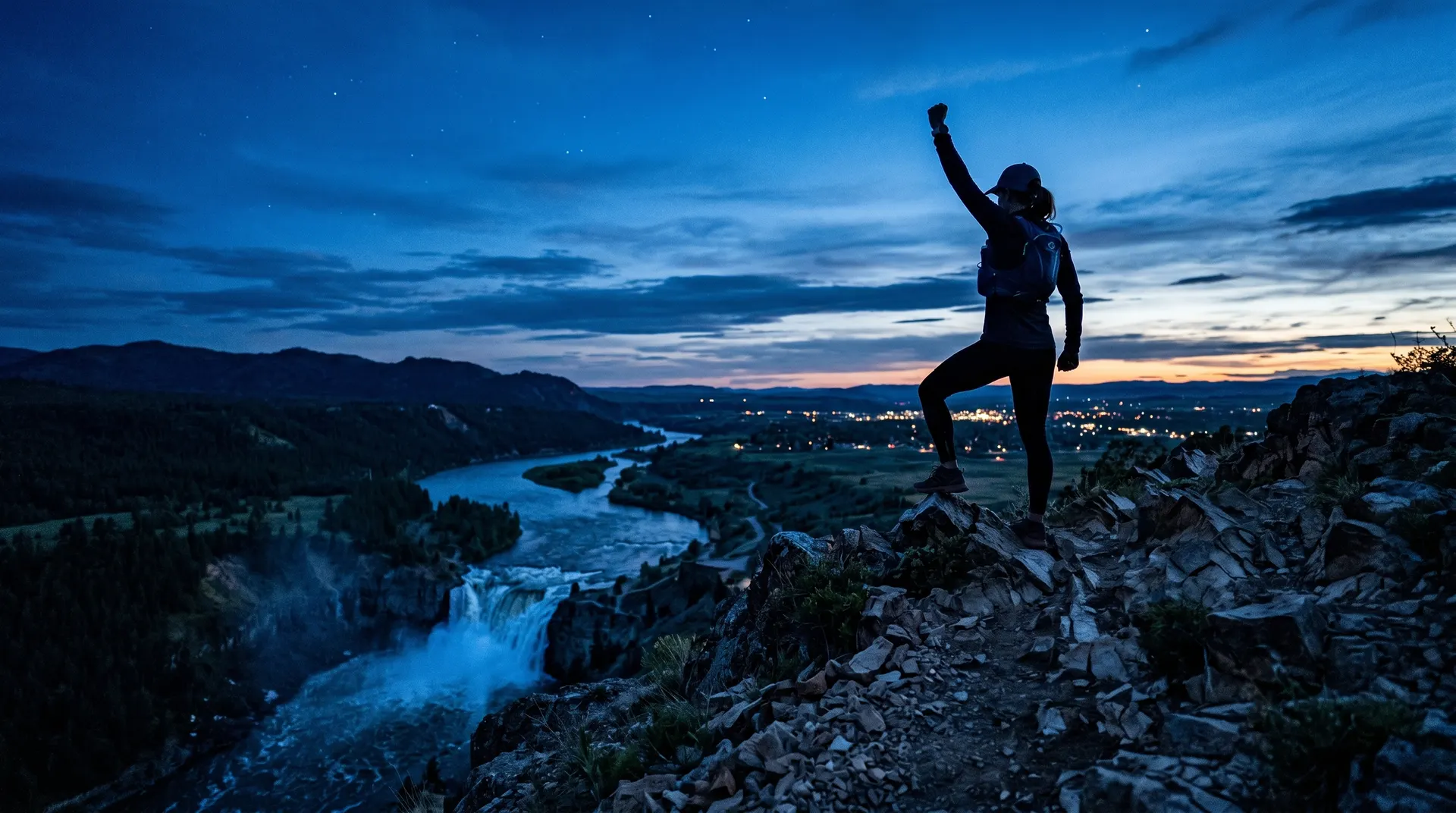 Silhouette of an athlete on a rock outcrop above the falls at dusk, with the lights of Great Falls behind