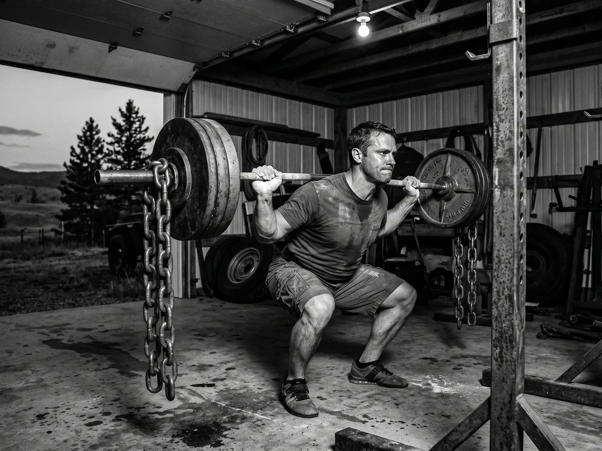 Man at the bottom of a heavy chain-loaded barbell squat in a Montana barn gym
