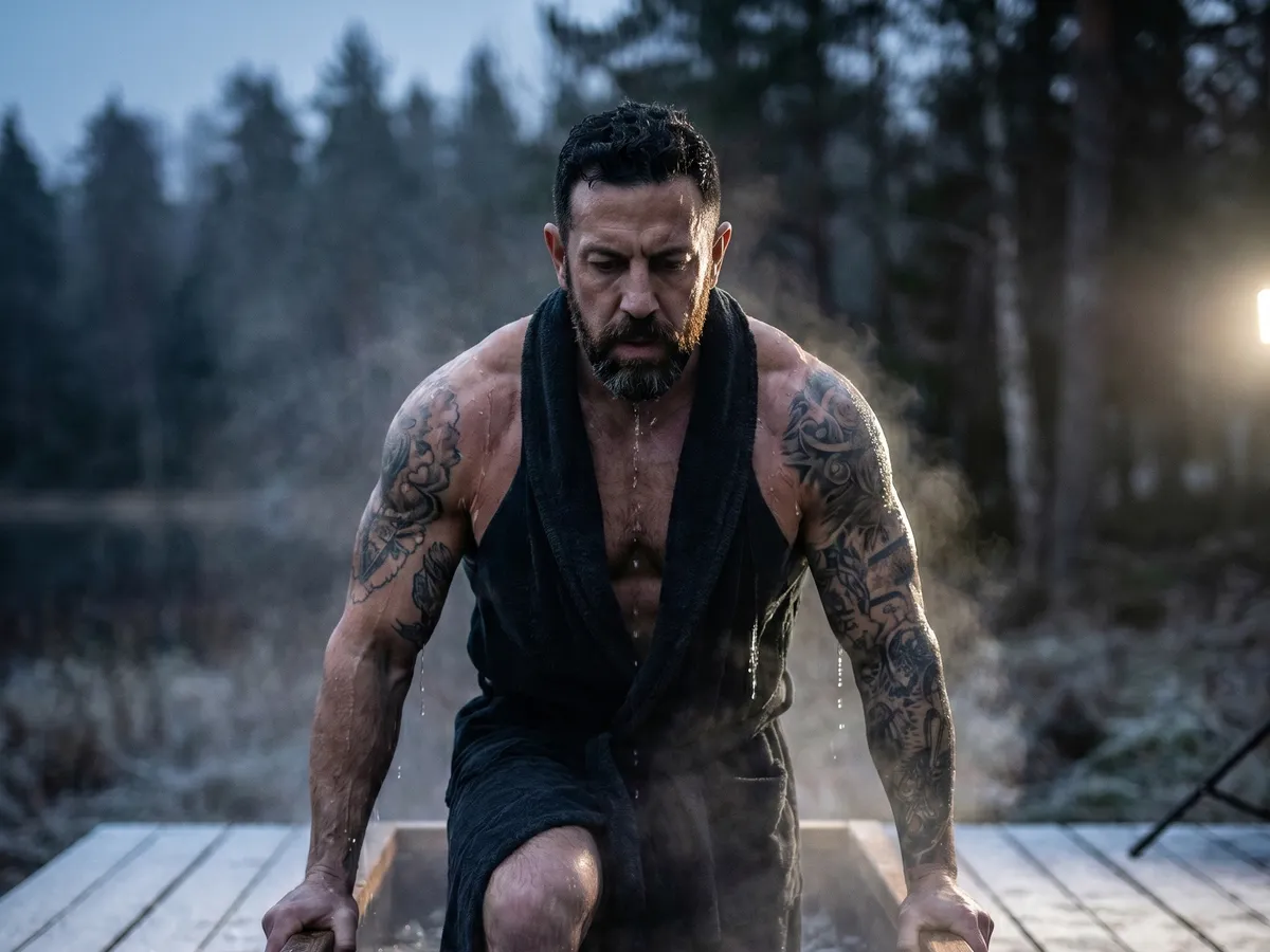Athlete stepping out of an ice plunge at dawn with steam rising