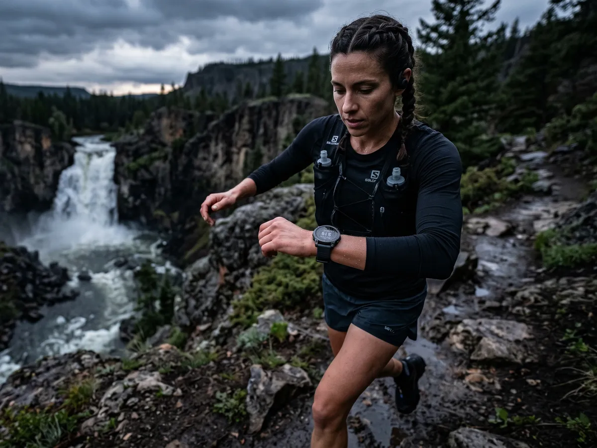 Runner checking her GPS watch mid-stride on a river-canyon trail above a waterfall