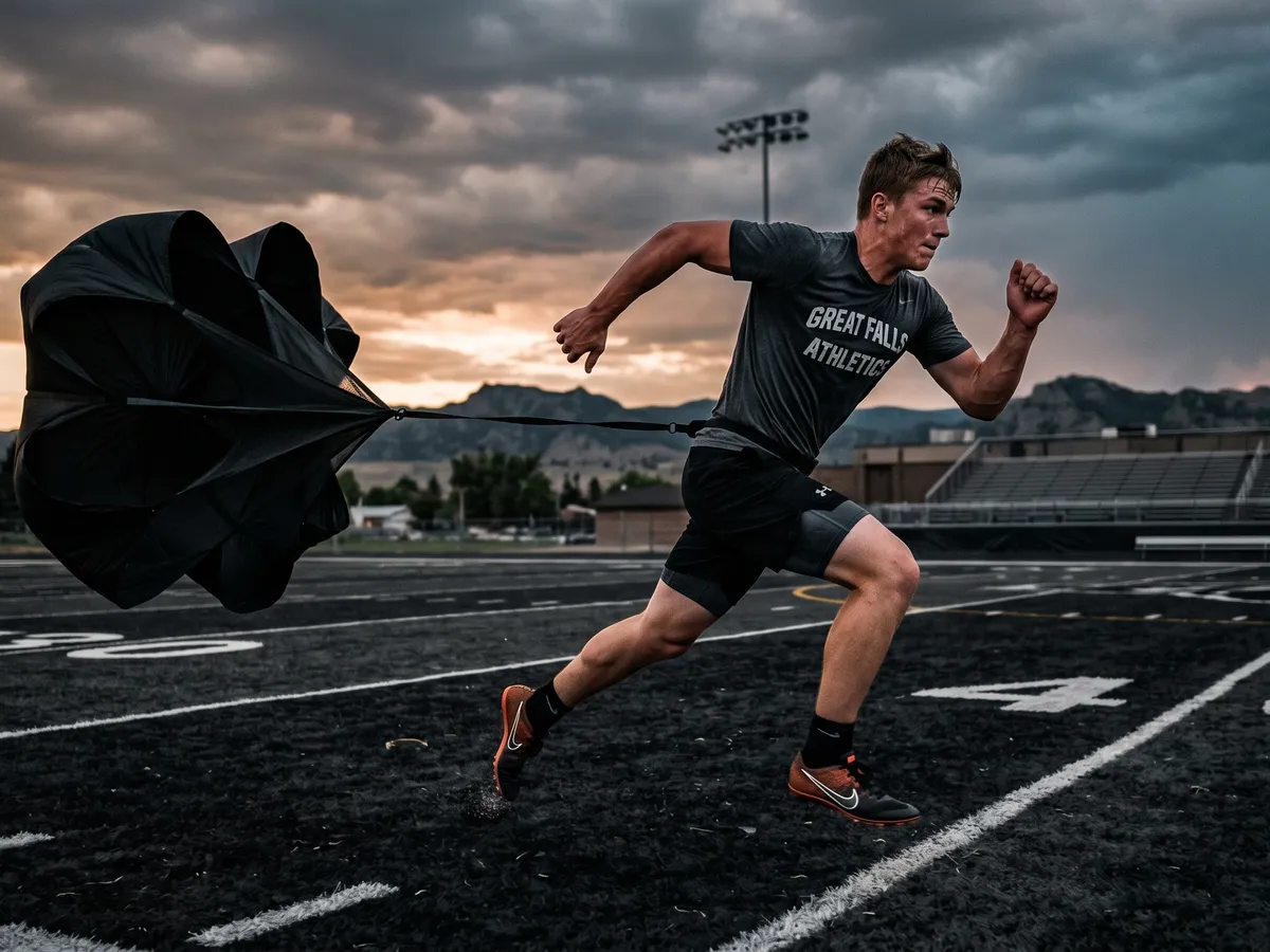 Youth athlete sprinting with a resistance parachute on a Great Falls football field