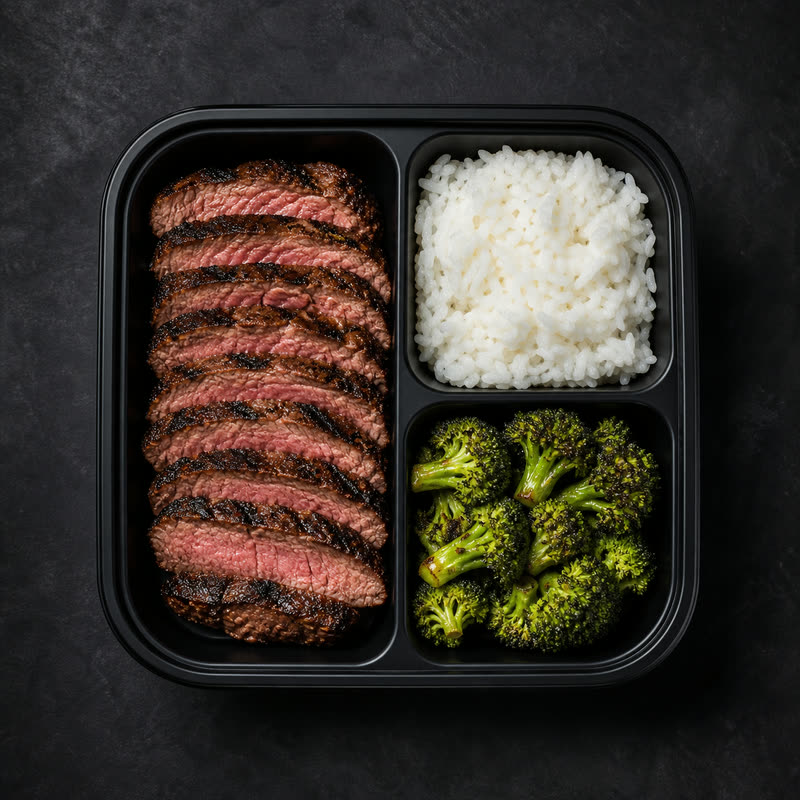 Provisions meal tray of sliced steak, rice, and broccoli